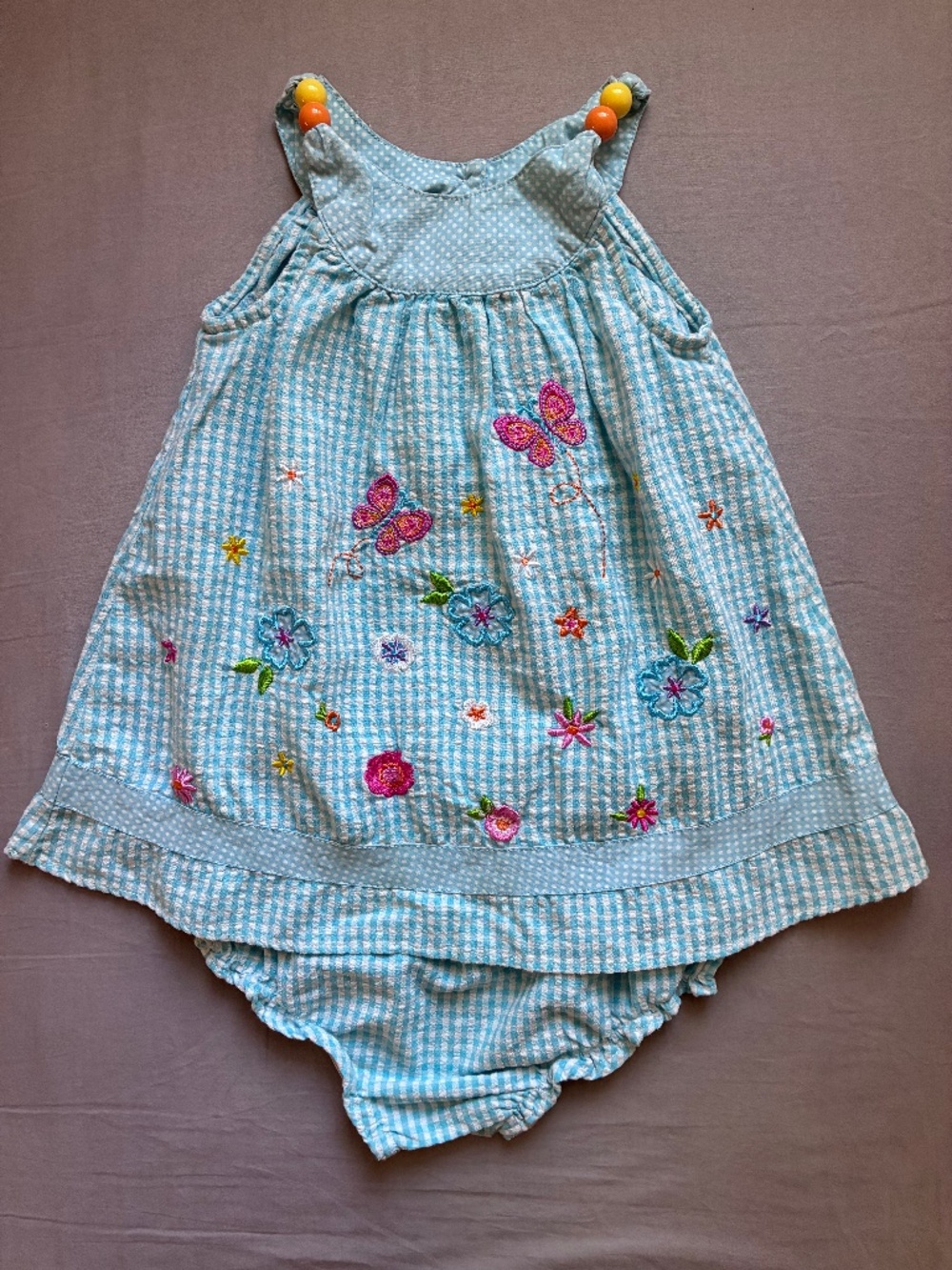 Youngland Light Blue and White Gingham Embroidered Dress & Bloomers